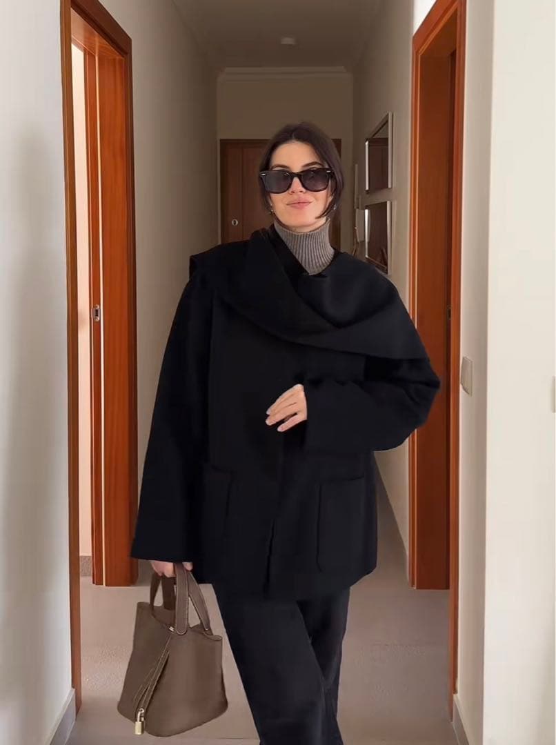 ZARA ウールスカーフ付きコート　ネイビー