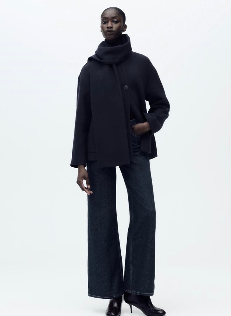 ZARA ウールスカーフ付きコート　ネイビー