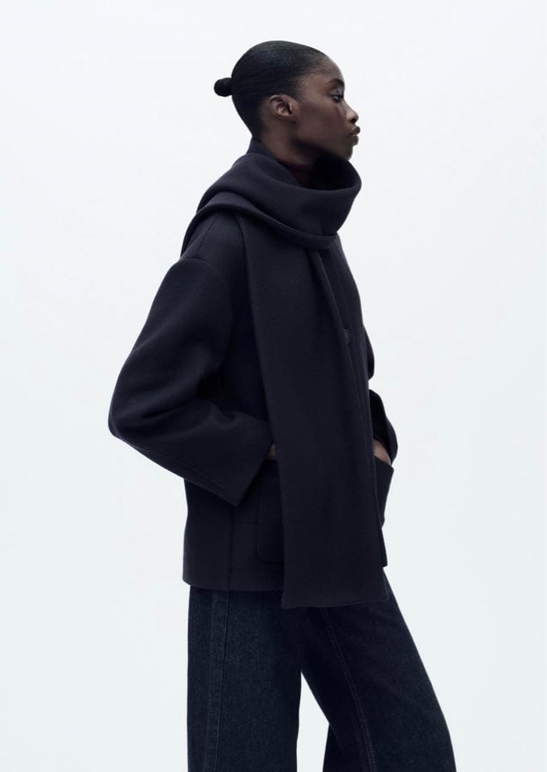 ZARA ウールスカーフ付きコート　ネイビー