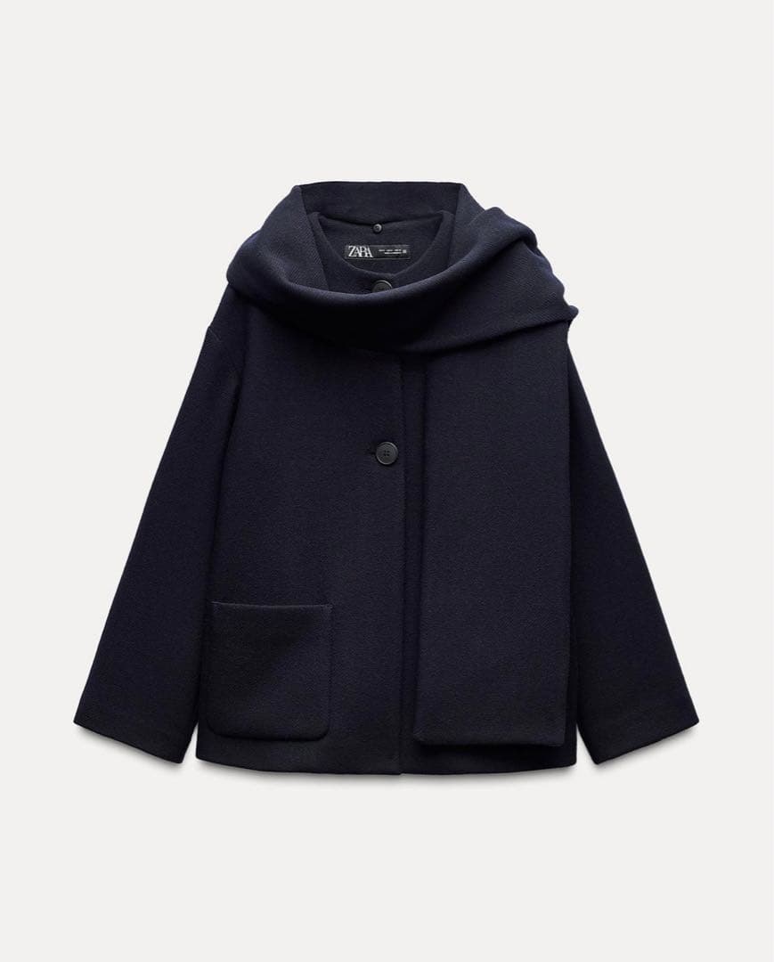 ZARA ウールスカーフ付きコート　ネイビー