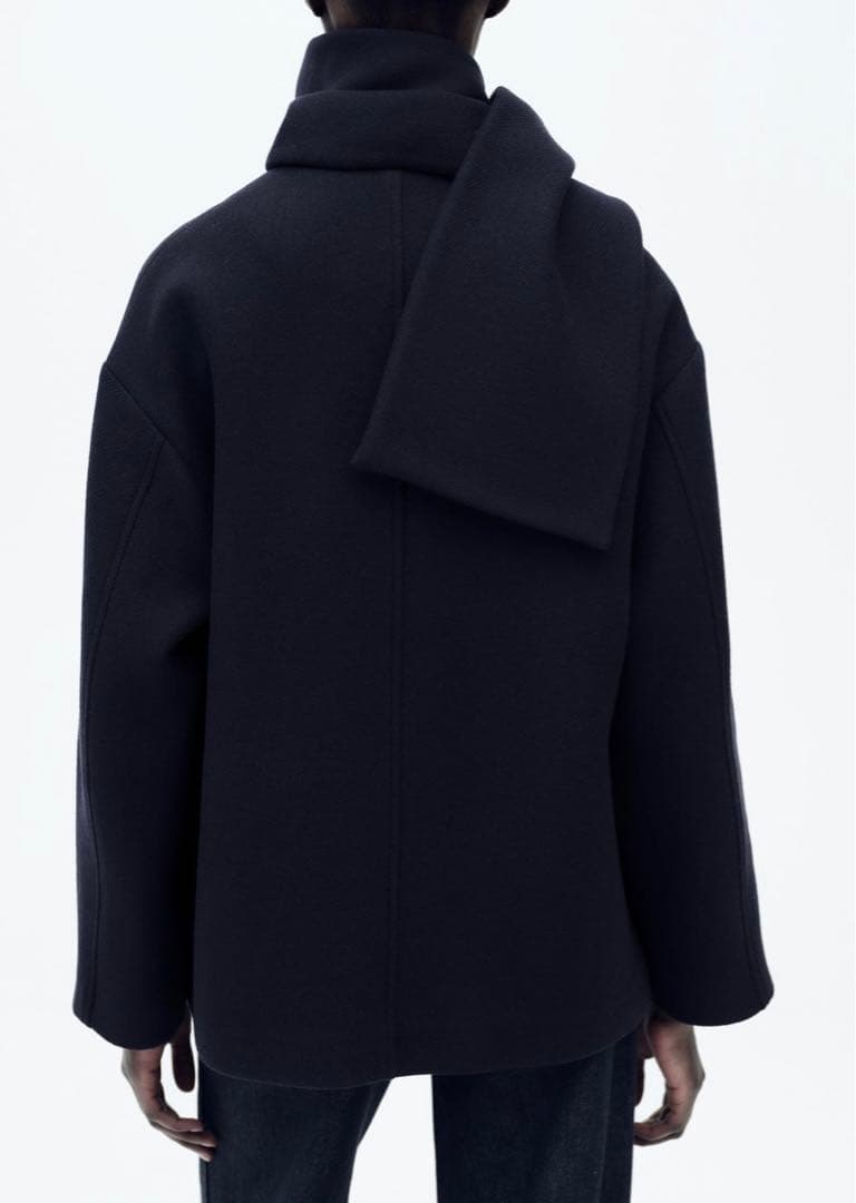 ZARA ウールスカーフ付きコート　ネイビー