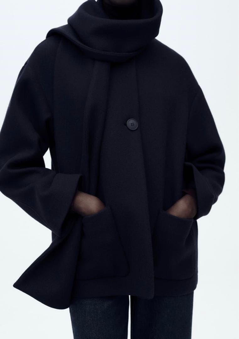 ZARA ウールスカーフ付きコート　ネイビー