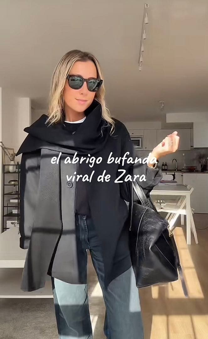 ZARA ウールスカーフ付きコート　ネイビー