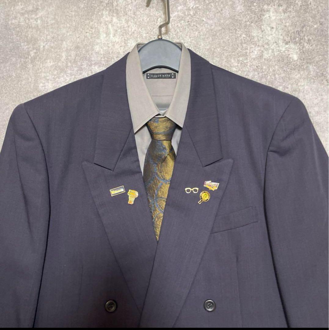 Vintage セットアップ　ダブルスーツ　パープル、えんじ色、成人式、ピンズ