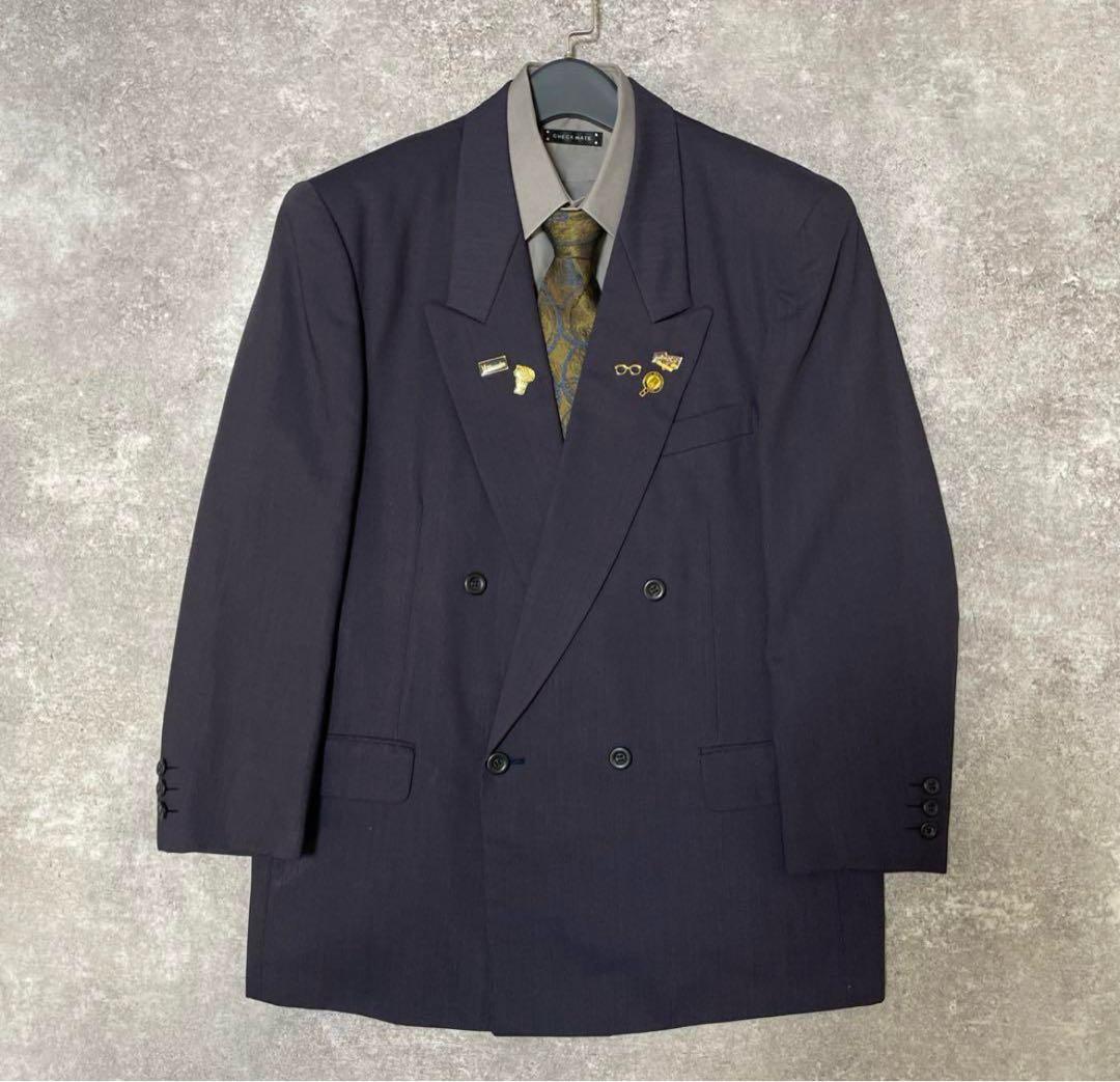 Vintage セットアップ　ダブルスーツ　パープル、えんじ色、成人式、ピンズ