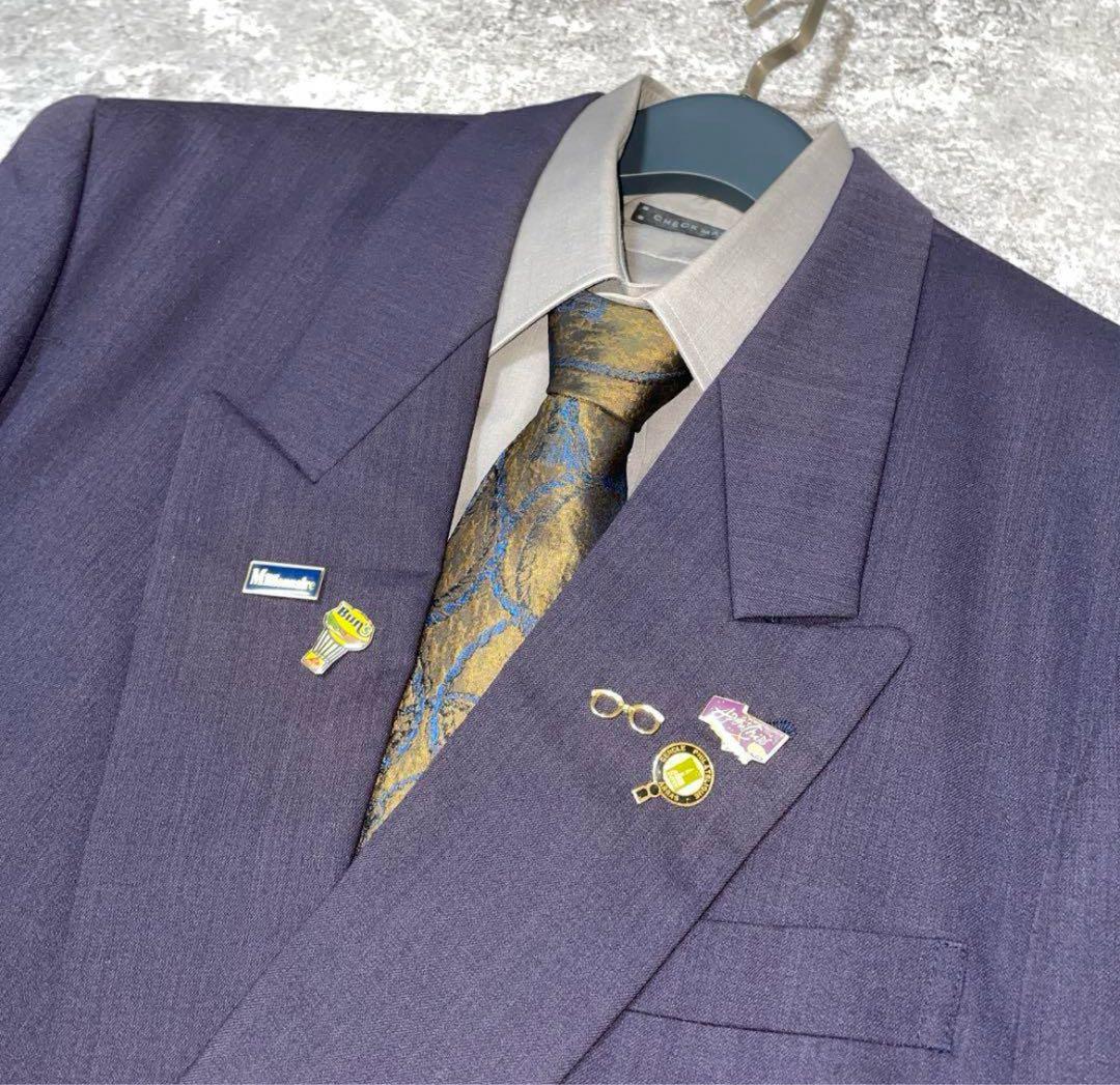 Vintage セットアップ　ダブルスーツ　パープル、えんじ色、成人式、ピンズ