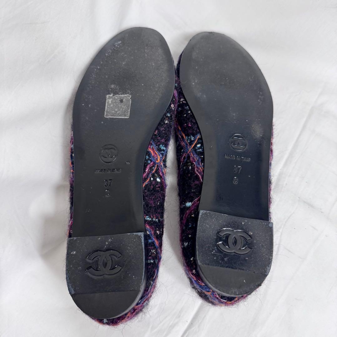 ★CHANELフラット バレエシューズ ネイビー/マルチカラーツィード24cm