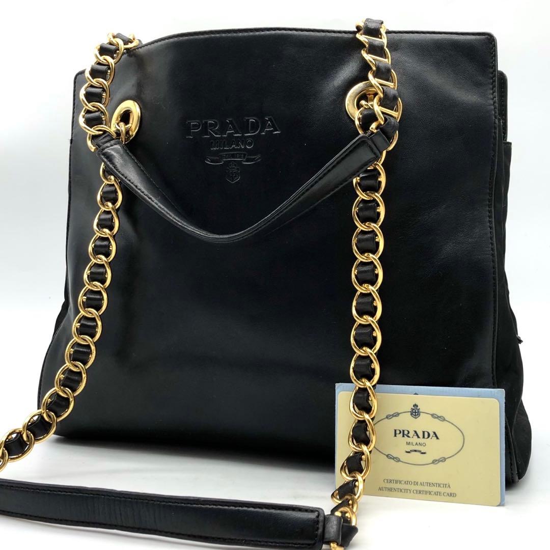 ✨美品・ギャランティ付✨プラダ チェーンショルダーバッグ ロゴ型押し 切り替え
