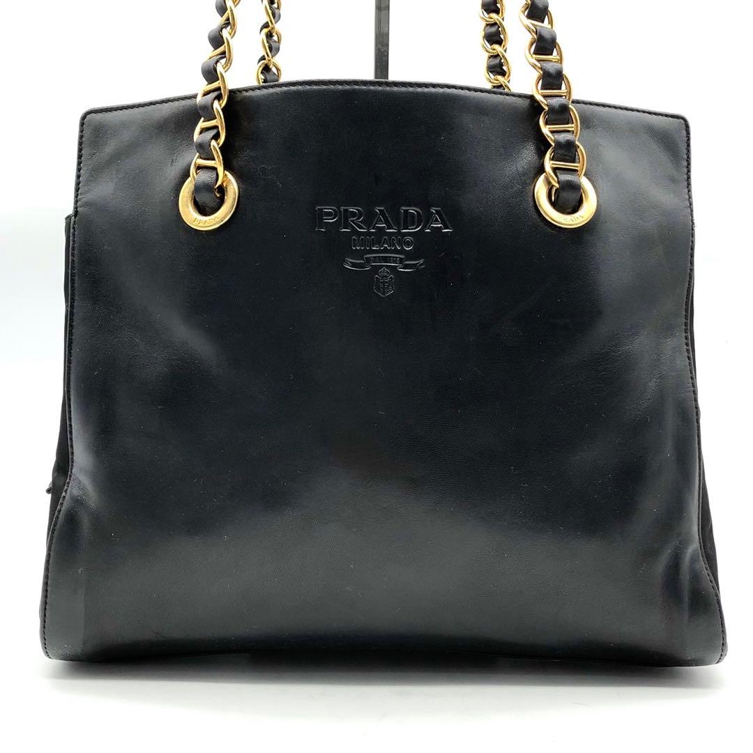 ✨美品・ギャランティ付✨プラダ チェーンショルダーバッグ ロゴ型押し 切り替え