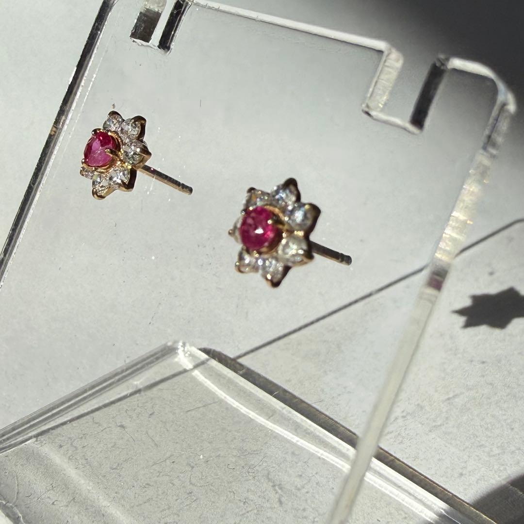くーちゃん　K10 ルビー　キュービックジルコニア　フラワー　ピアス
