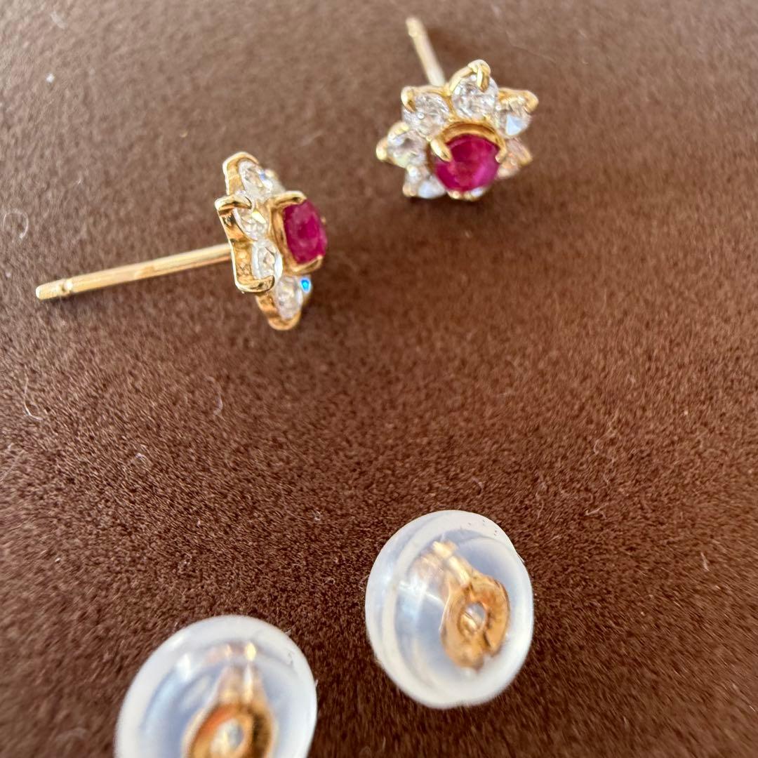 くーちゃん　K10 ルビー　キュービックジルコニア　フラワー　ピアス