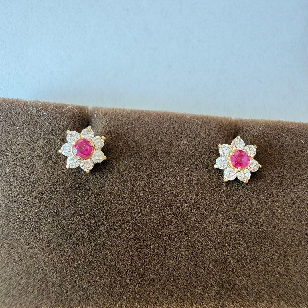 くーちゃん　K10 ルビー　キュービックジルコニア　フラワー　ピアス