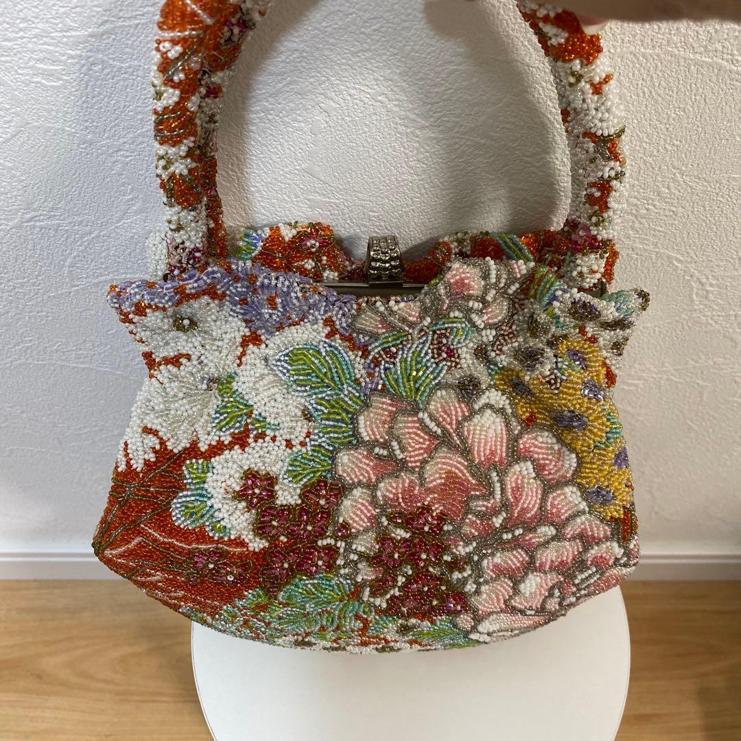 花柄刺繍 和装用バッグ オレンジ系総ビーズ