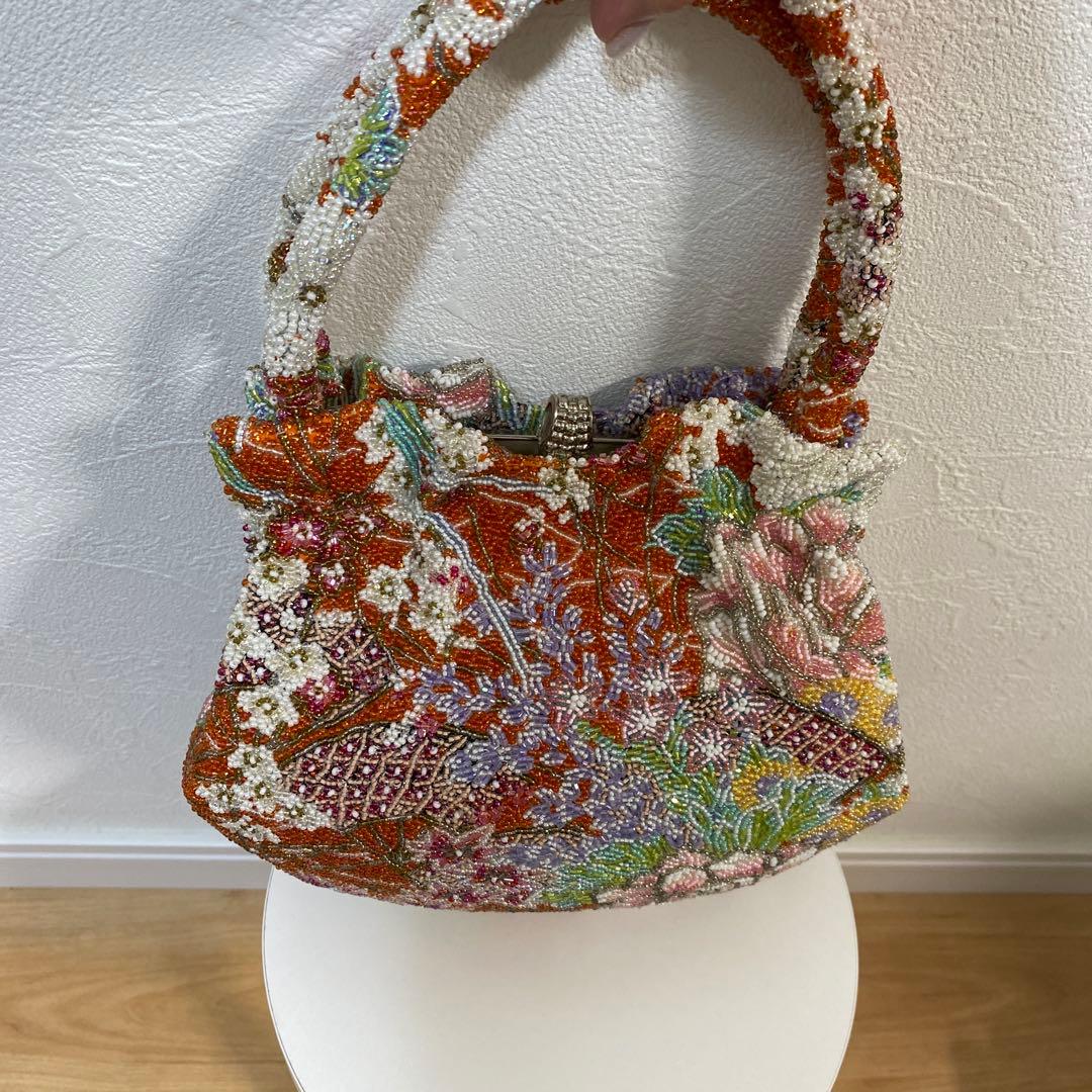 花柄刺繍 和装用バッグ オレンジ系総ビーズ