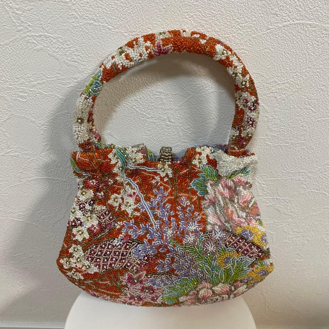 花柄刺繍 和装用バッグ オレンジ系総ビーズ