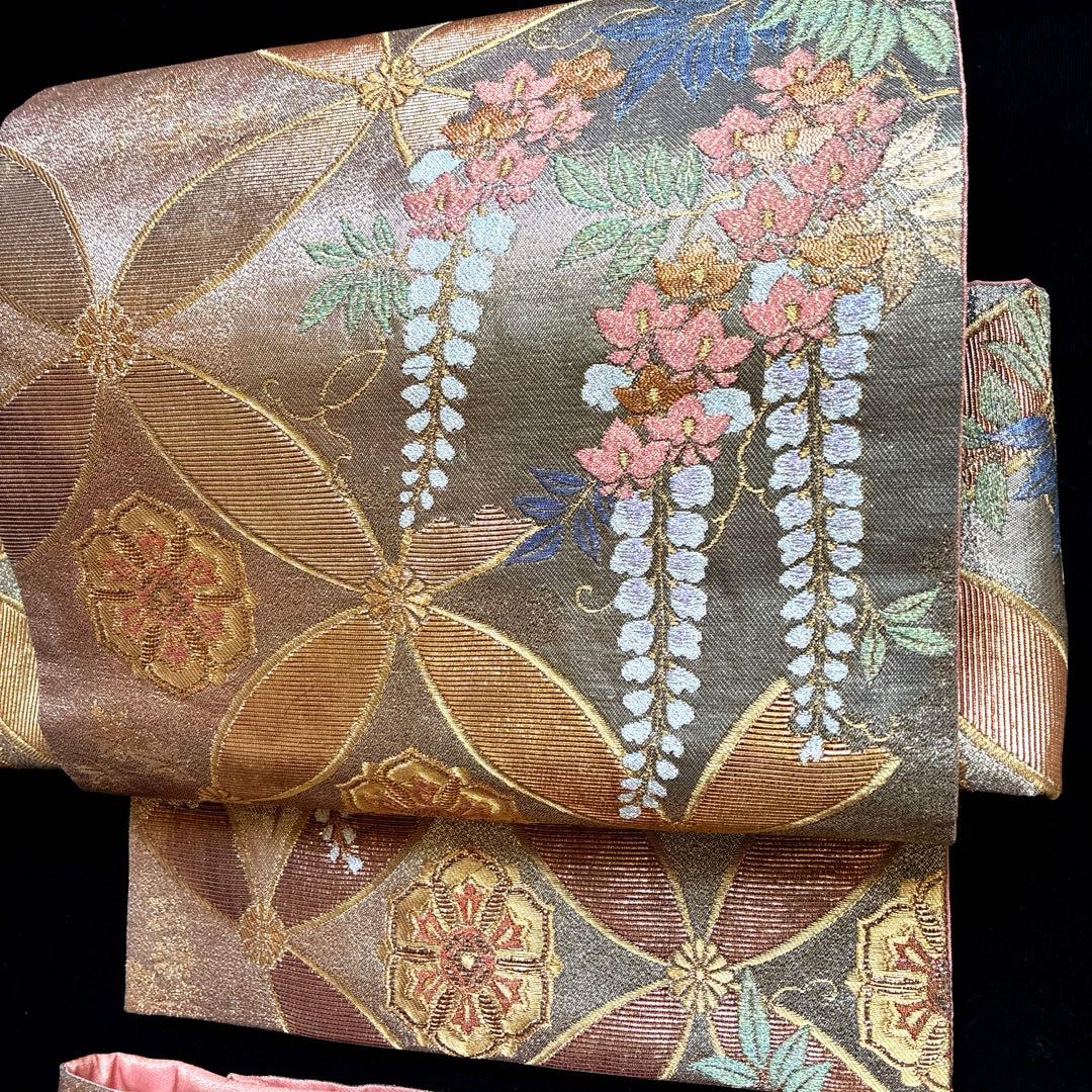 美品 藤の花 金 七宝紋様 正絹 袋帯 二重太鼓 作り帯