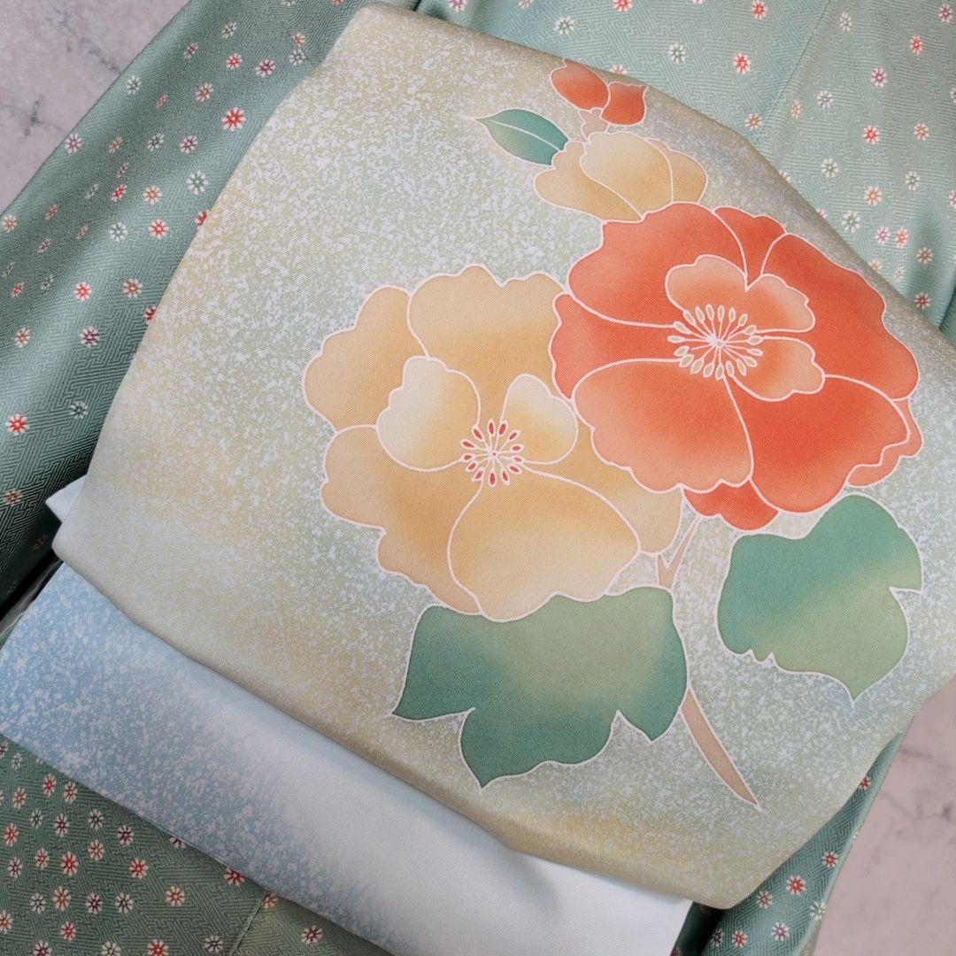 小紋　フルセット　着物　正絹　緑　可愛い　花　C1