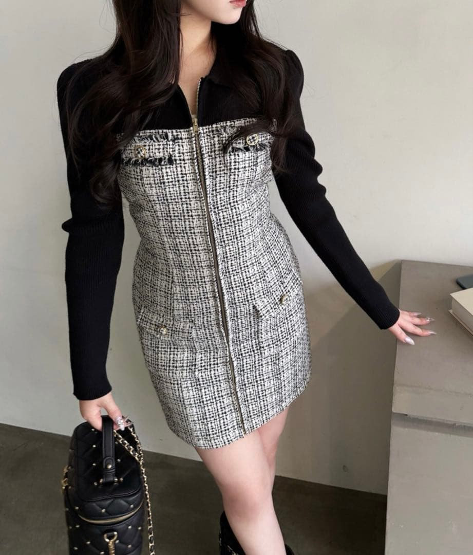 PARTYニットドッキングツイードタイトミニワンピースロイヤルパーティ