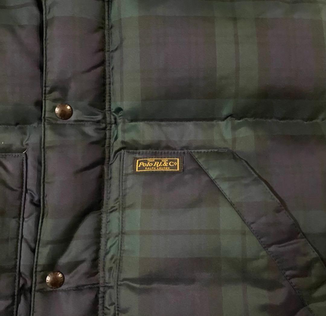 ラルフローレン ダウンベスト フード付きチェック柄 ブラックウォッチ L