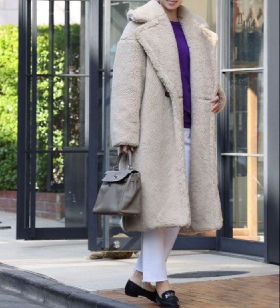 エルフランク　ベージュ ボア ロングコート ダブルボタン