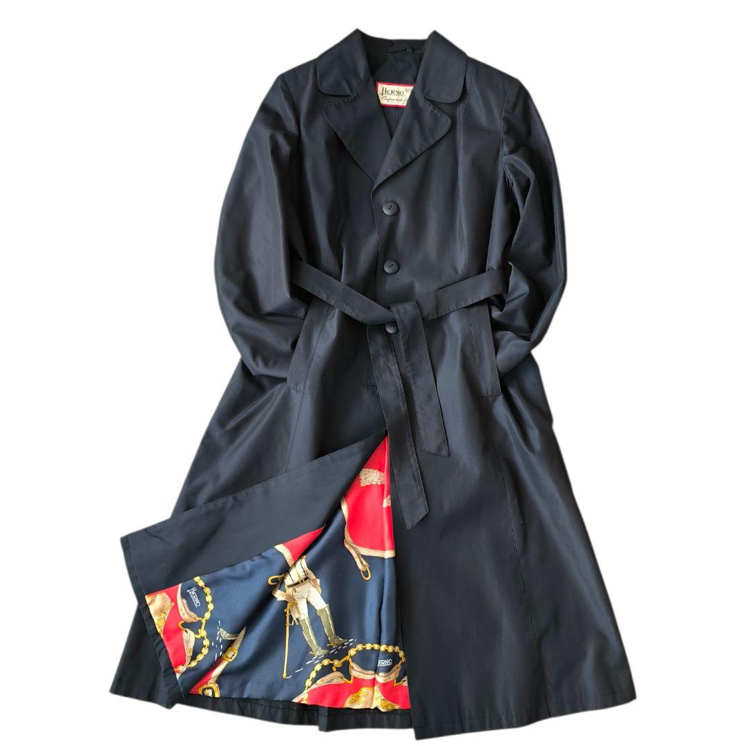 美品★HERNO ヘルノ シルク総柄ライニング コート ネイビー イタリア製