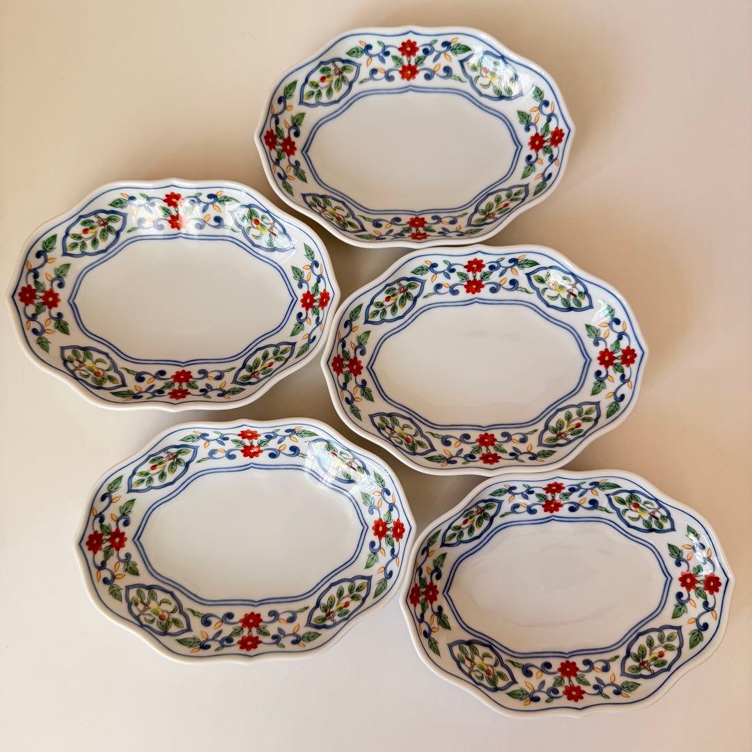 たち吉　橘吉　楕円皿揃　花数寄　５枚セット　銘々皿　桔梗皿　和食器