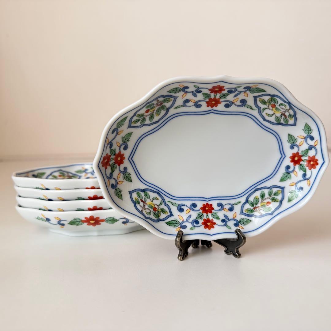 たち吉　橘吉　楕円皿揃　花数寄　５枚セット　銘々皿　桔梗皿　和食器