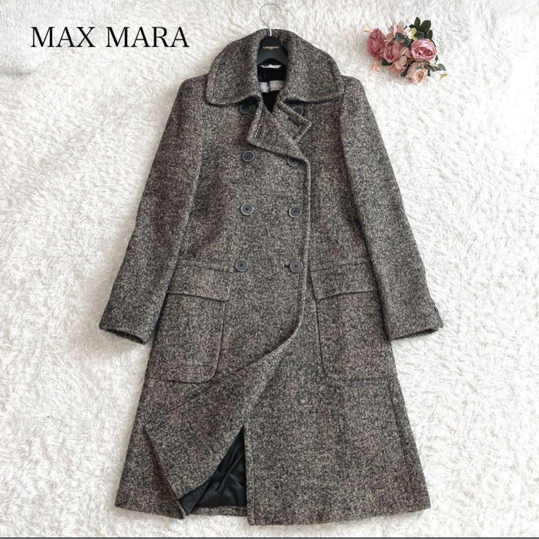銀タグ マックスマーラ ウールコート ロング ダブル ビッグカラー ヘリンボーン