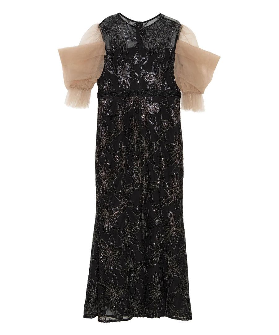 Leja スパンコールフラワーリボンチュールワンピースドレス