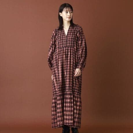 サラマリカ完売Cotton Check Shirring Long Dress