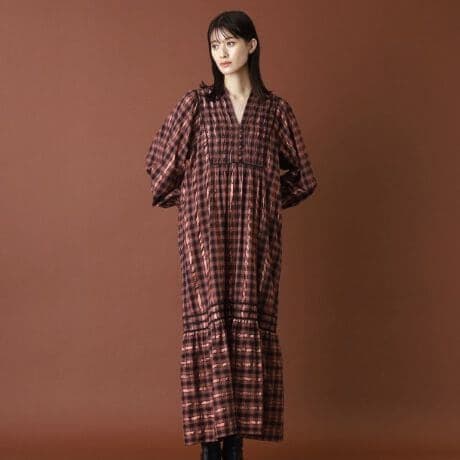 サラマリカ完売Cotton Check Shirring Long Dress