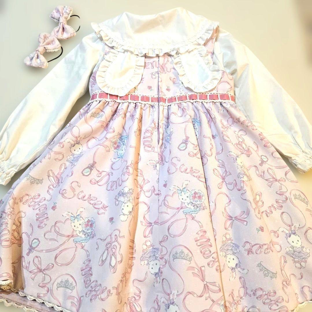 メゾピアノ35周年　ウサギバレリーナ柄ジャンバースカートセット(ヘアゴム付き)