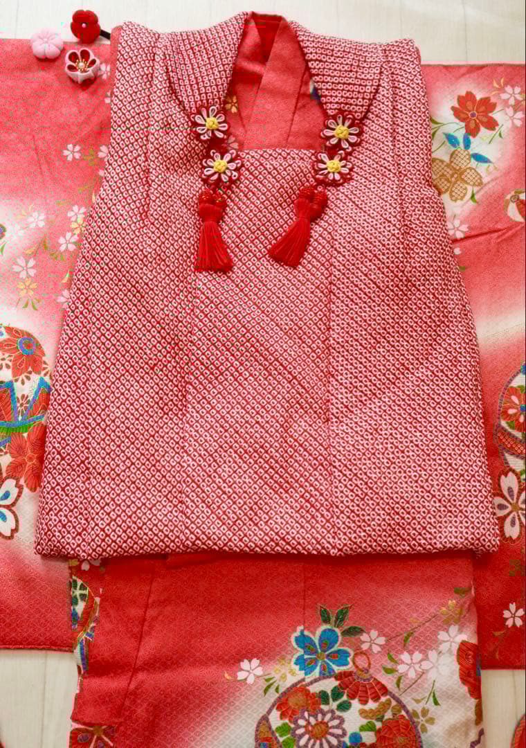 新品未使用　正絹　総絞り　被布　3歳　着物　一つ身　フルセット