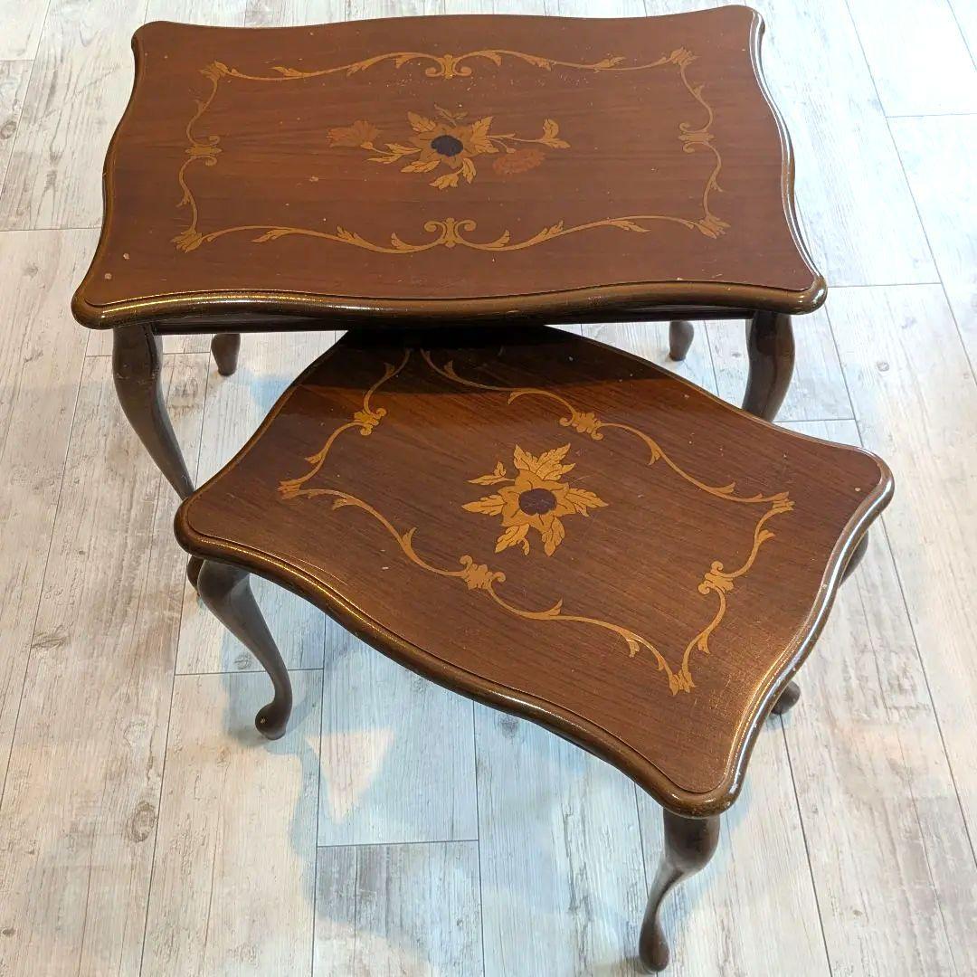 イタリア製 アンティーク調 ネストテーブル 大小セット 象嵌 花柄 猫脚