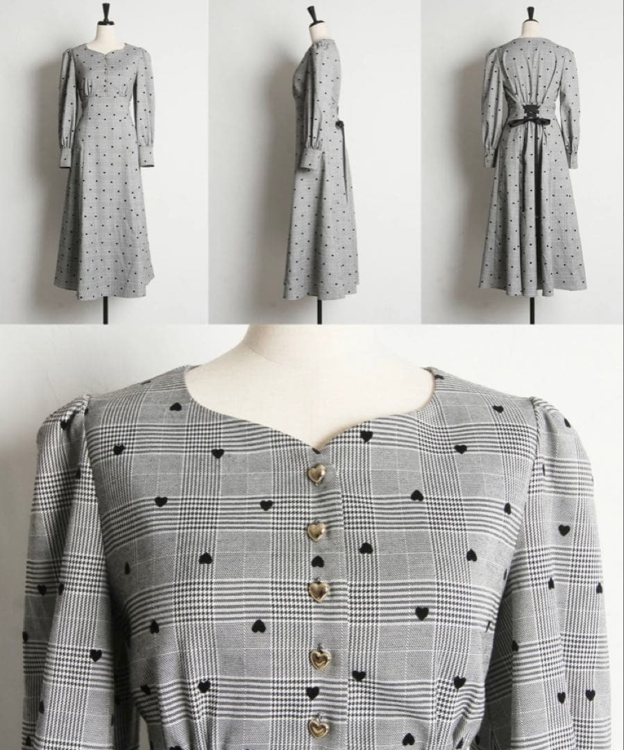 【新品】ハート釦バックレースアップハートフロッキー×チェックワンピース