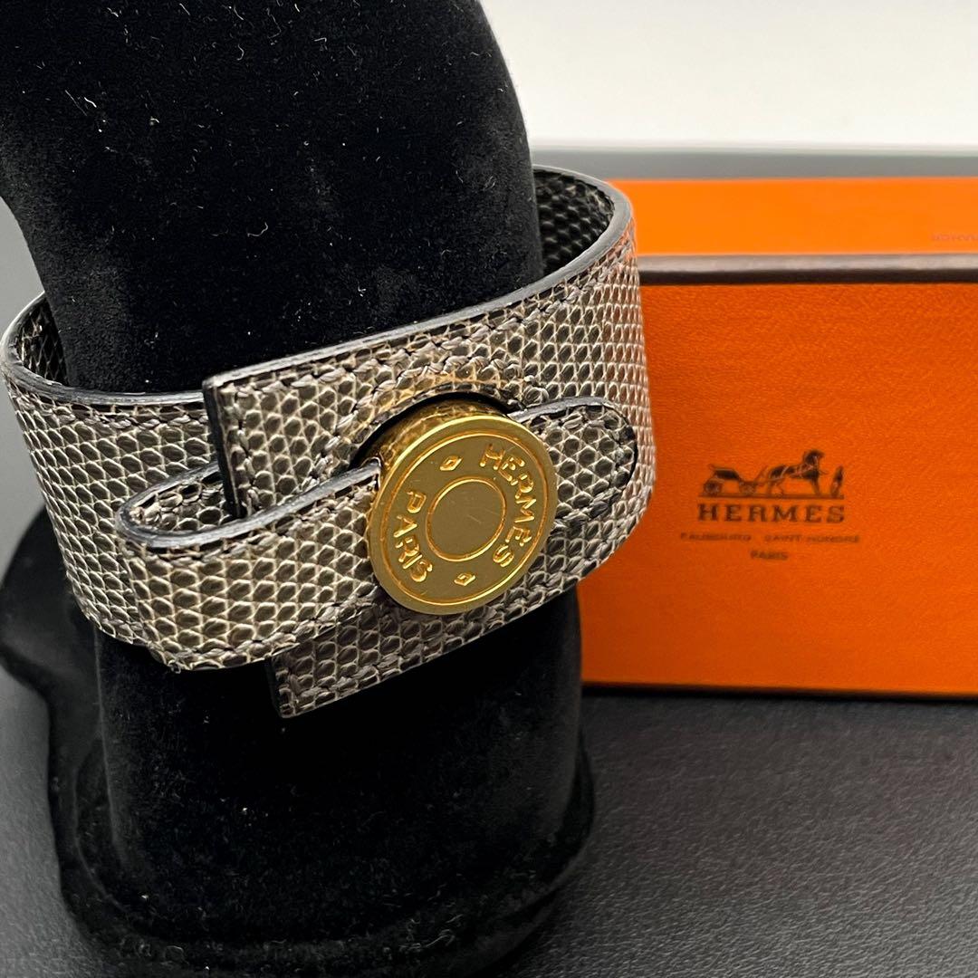 美品 エルメス セリエ リザード レザー バングル ブレスレット ゴールド金具