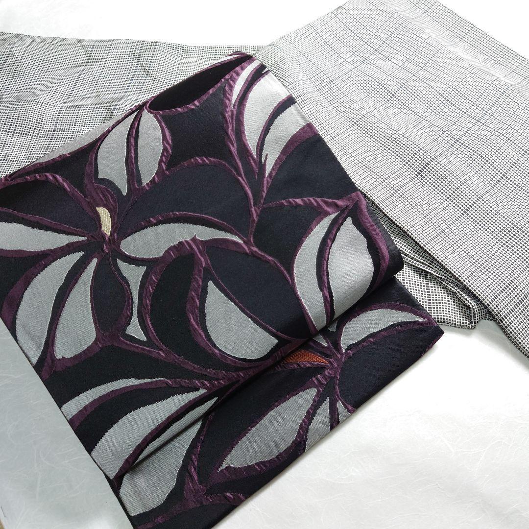 正絹 袋帯 六通柄 幾何花 黒 ふくれ織 モノトーン クールビューティー 逸品