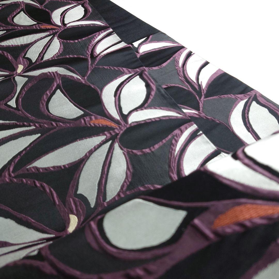 正絹 袋帯 六通柄 幾何花 黒 ふくれ織 モノトーン クールビューティー 逸品