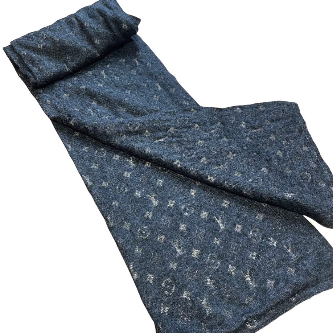 ヴィトン　モヘア　透かし　モノグラム柄　ロングマフラー　メンズ　レディース