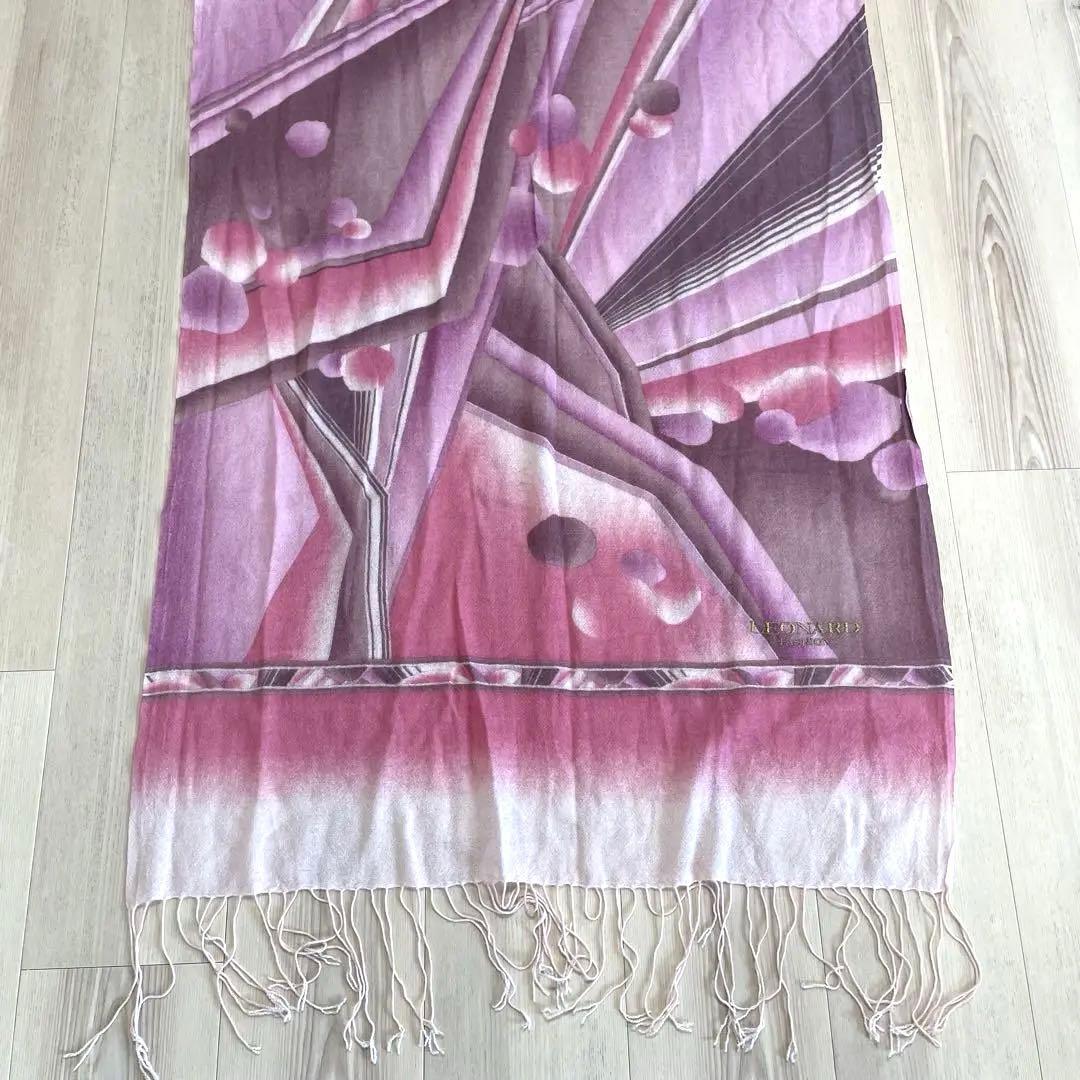 【美品】LEONARD 大判ストール カシミヤ100% フリンジ ピンク