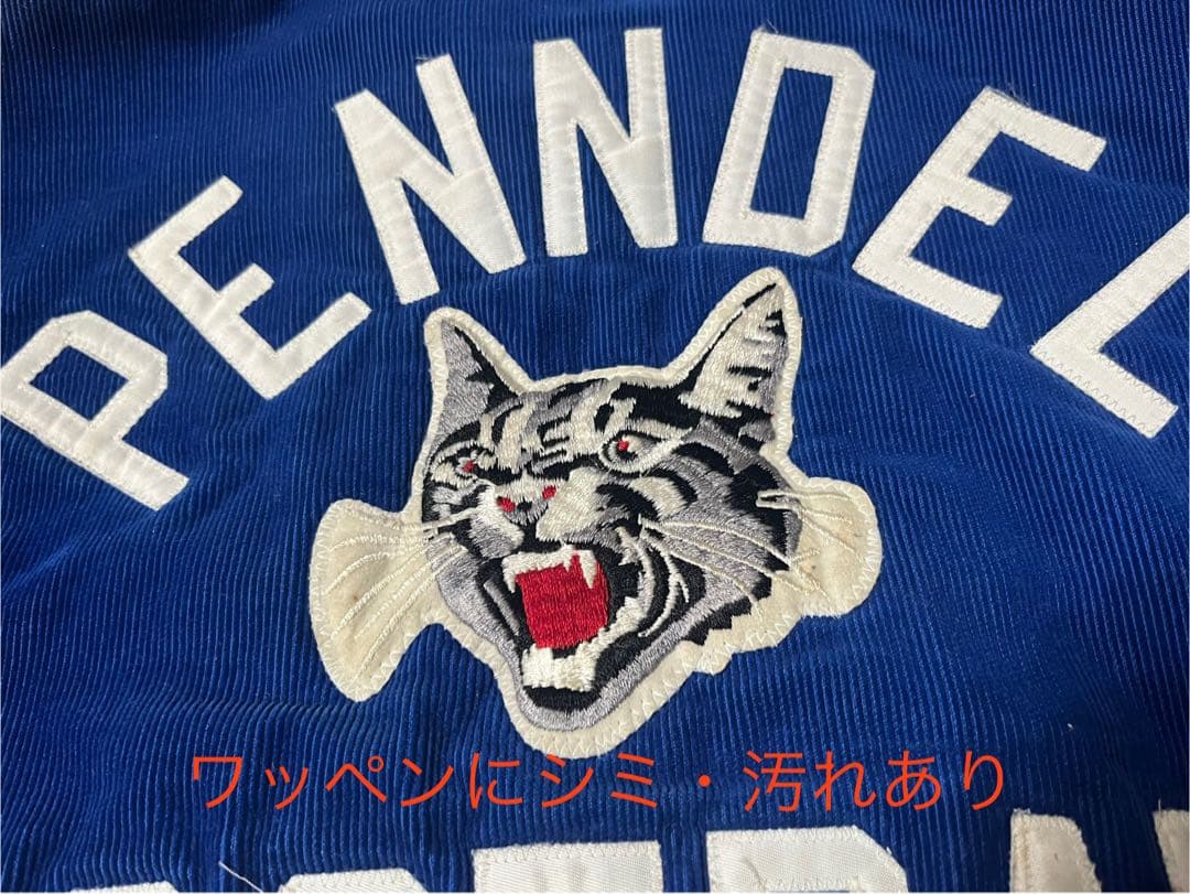 Rennoc スタジャン　コーデュロイ　青　猫刺繍　古着　ヴィンテージ