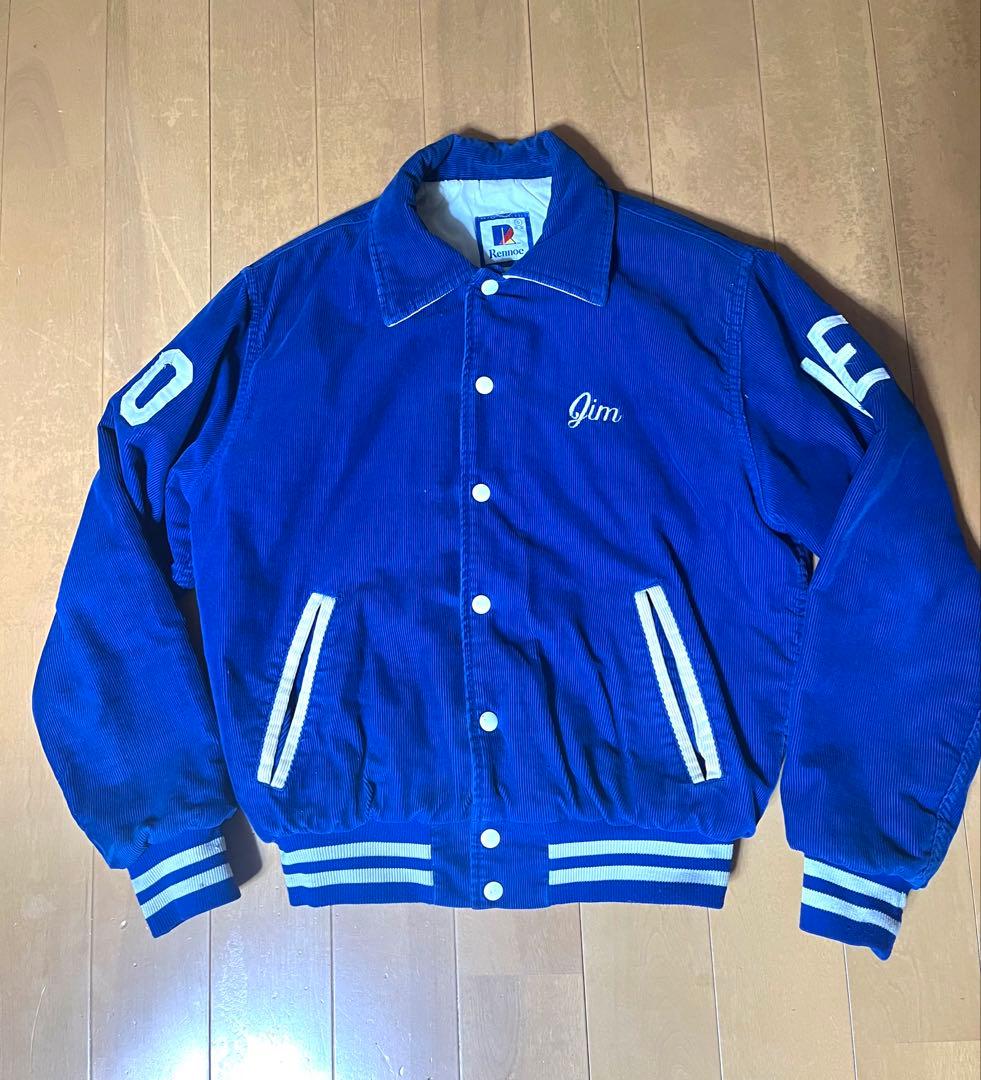 Rennoc スタジャン　コーデュロイ　青　猫刺繍　古着　ヴィンテージ