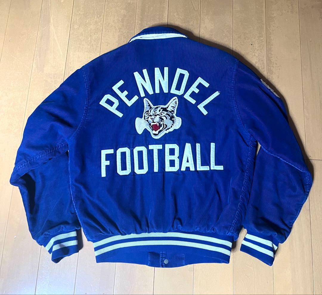 Rennoc スタジャン　コーデュロイ　青　猫刺繍　古着　ヴィンテージ