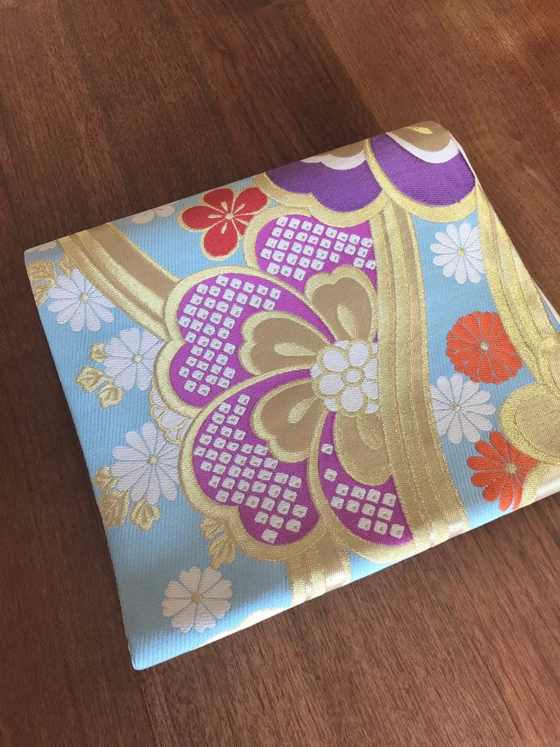 成人式に　正絹 振袖用袋帯　ブルー　水流に花文　丸勇