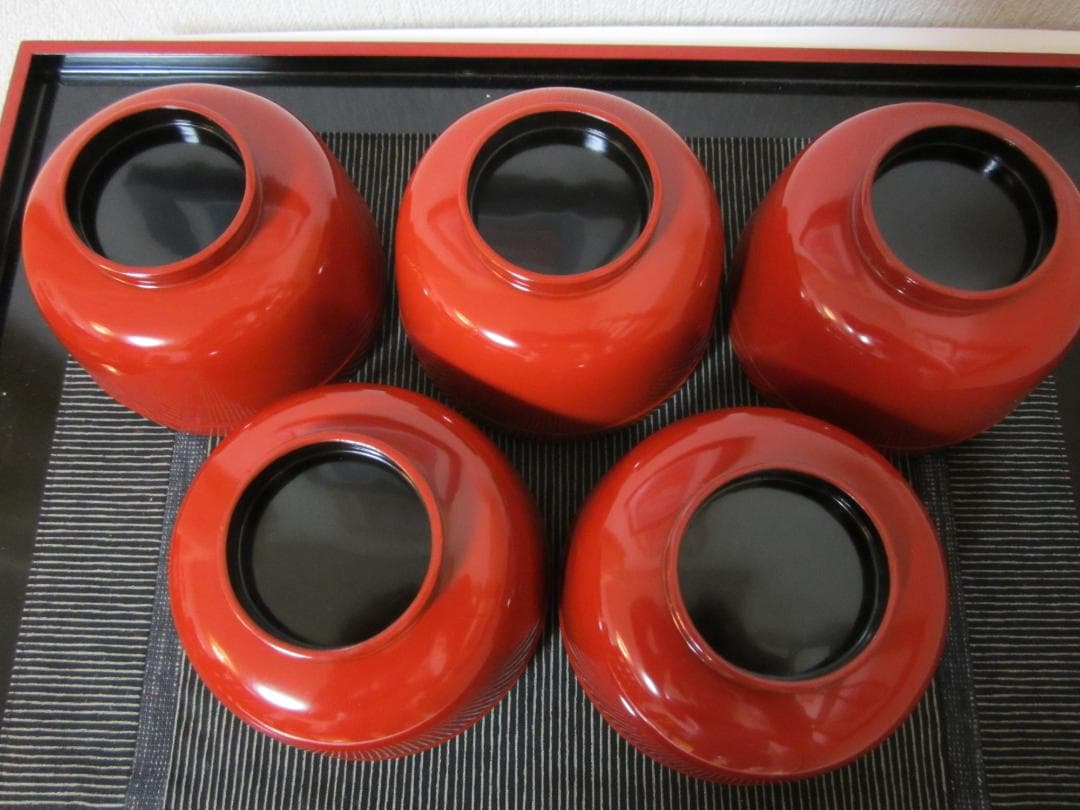 極美品◆伝統工芸 輪島塗◆大正期輪島塗◆朱漆 小椀 小蓋もの◆本金塗５客