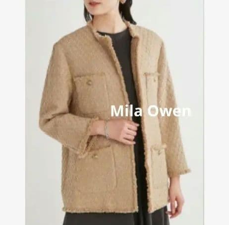 【MilaOwen 金ボタン ツィードノーカラージャケットコート】ミラオーウェン