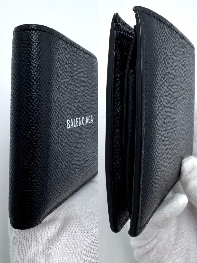 【美品】BALENCIAGA ロゴ 二つ折り財布 594315 ブラック レザー
