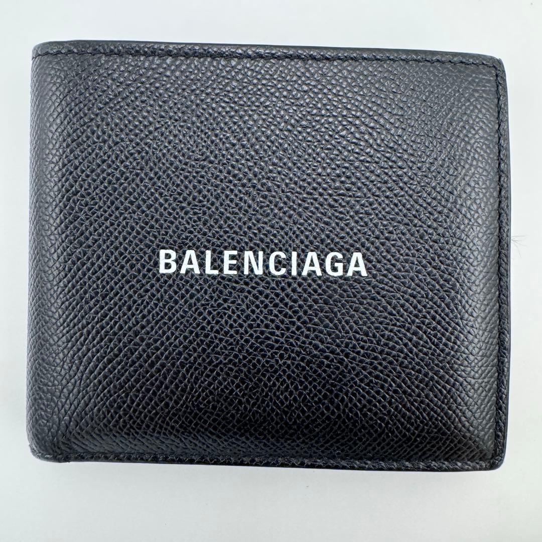 【美品】BALENCIAGA ロゴ 二つ折り財布 594315 ブラック レザー
