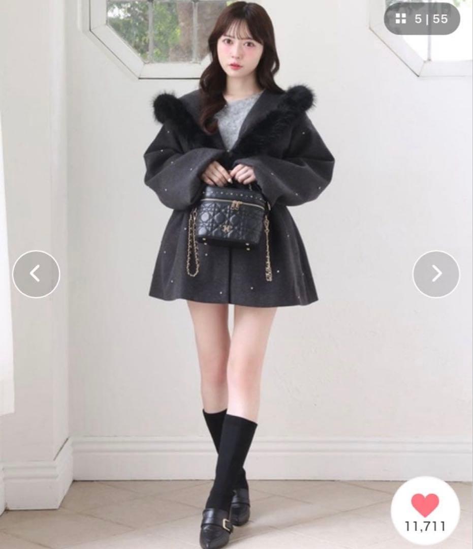 ワンアフターアナザーナイスクラップ　グレー　ビジュー付きミドルコート