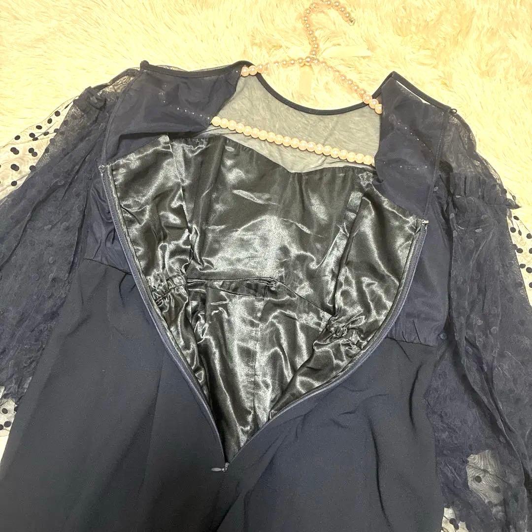 美品【ANDRESD】フロッキードットパンツドレス ネイビー L